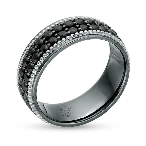 Black Spinel Double Row Beaded Ring in Sterling Silver with Black Rhodium