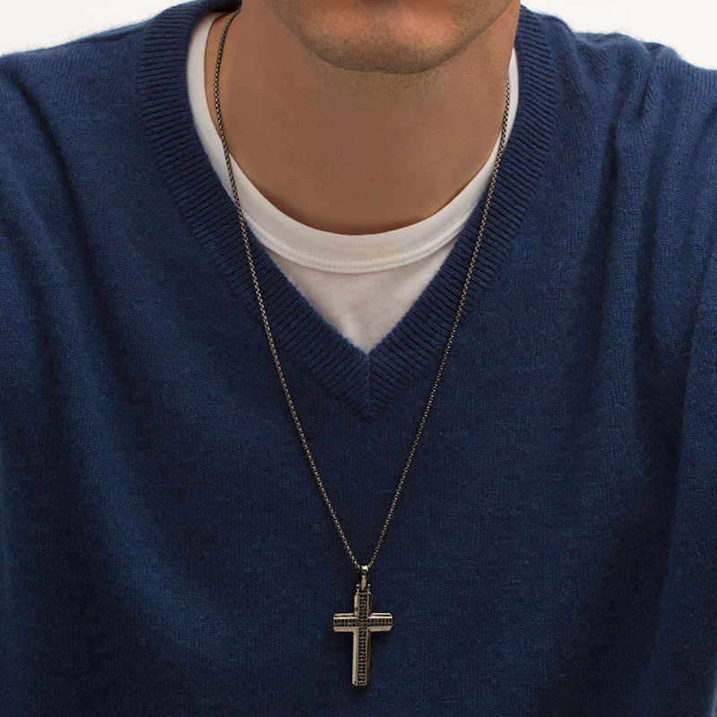 Main Image 2 of Men's Black Spinel Cross Pendant in Sterling Silver with Black Rhodium - 24"