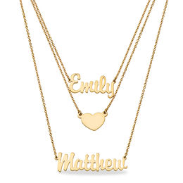 Couple's Script Name and Heart Disc Triple Strand Necklace (2 Names) - 19&quot;