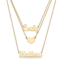 Couple's Script Name and Heart Disc Triple Strand Necklace (2 Names) - 19"