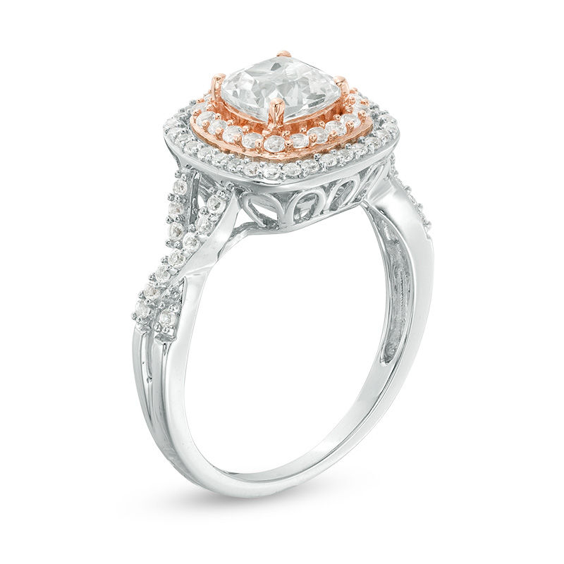 Cushion-Cut Lab-Created White Sapphire Double Frame Twist Ring in Sterling Silver with 14K Rose Gold Plate