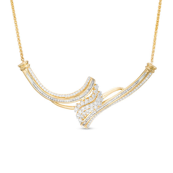 1 CT. T.w. Baguette and Round Composite Diamond Flame Bypass Necklace in 10K Gold - 15.5"