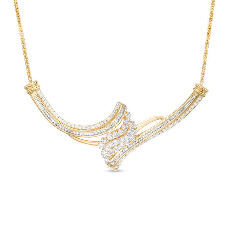 Main Image 1 of 1 CT. T.W. Baguette and Round Composite Diamond Flame Bypass Necklace in 10K Gold - 15.5"