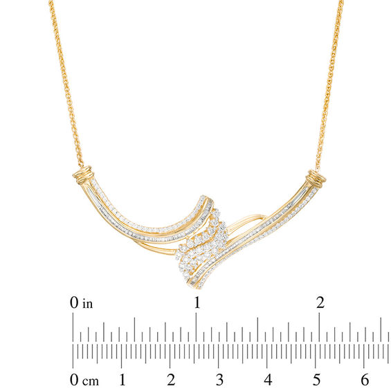1 CT. T.w. Baguette and Round Composite Diamond Flame Bypass Necklace in 10K Gold - 15.5"