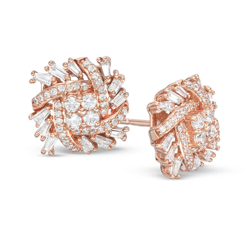 Main Image 1 of 1/2 CT. T.W. Baguette and Round Diamond Pinwheel Stud Earrings in 10K Rose Gold