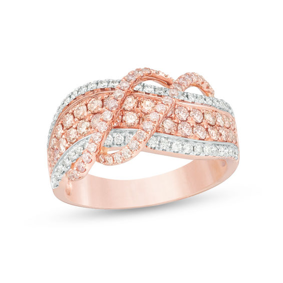 1 CT. T.w. Certified Pink and White Diamond Crossover Wave Ring in 14K Rose Gold (Fancy/I2)