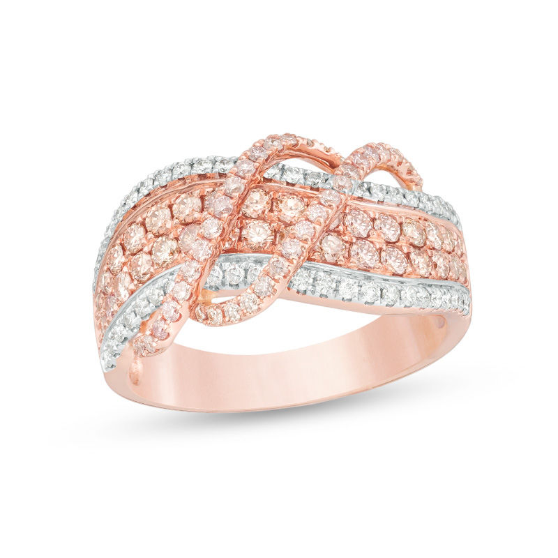 Main Image 1 of 1 CT. T.W. Certified Pink and White Diamond Crossover Wave Ring in 14K Rose Gold (Fancy/I2)
