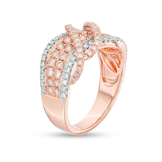 1 CT. T.w. Certified Pink and White Diamond Crossover Wave Ring in 14K Rose Gold (Fancy/I2)
