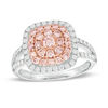Thumbnail Image 1 of 1 CT. T.W. Certified Pink and White Diamond Triple Cushion Frame Ring in 14K Two-Tone Gold (Fancy/I2)