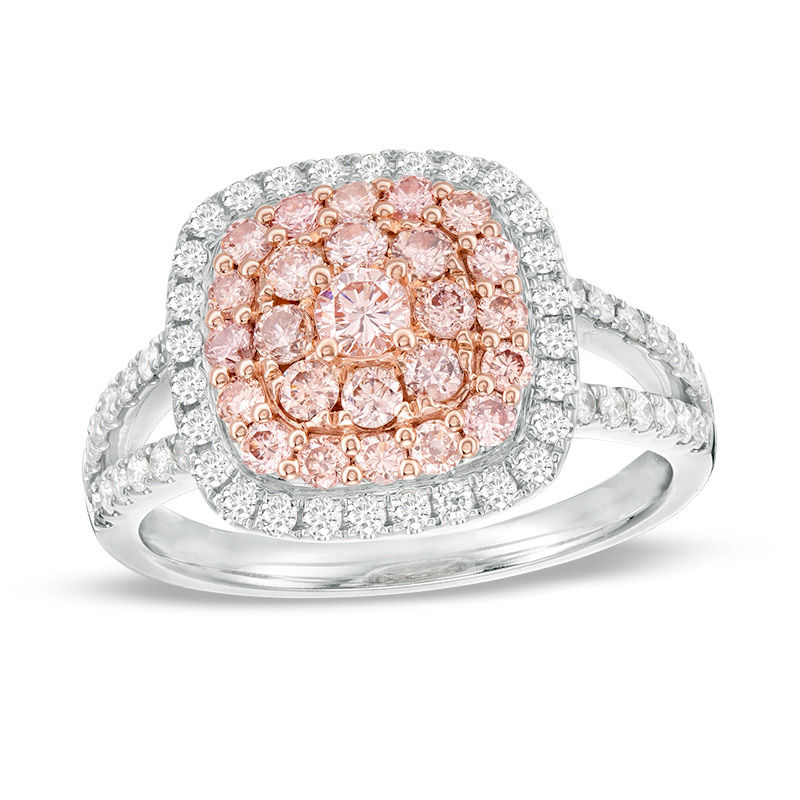 1 CT. T.W. Certified Pink and White Diamond Triple Cushion Frame Ring in 14K Two-Tone Gold (Fancy/I2)