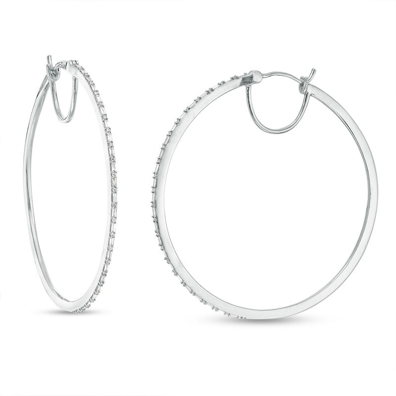 1/2 CT. T.W. Baguette and Round Diamond Alternating Hoop Earrings in 10K White Gold