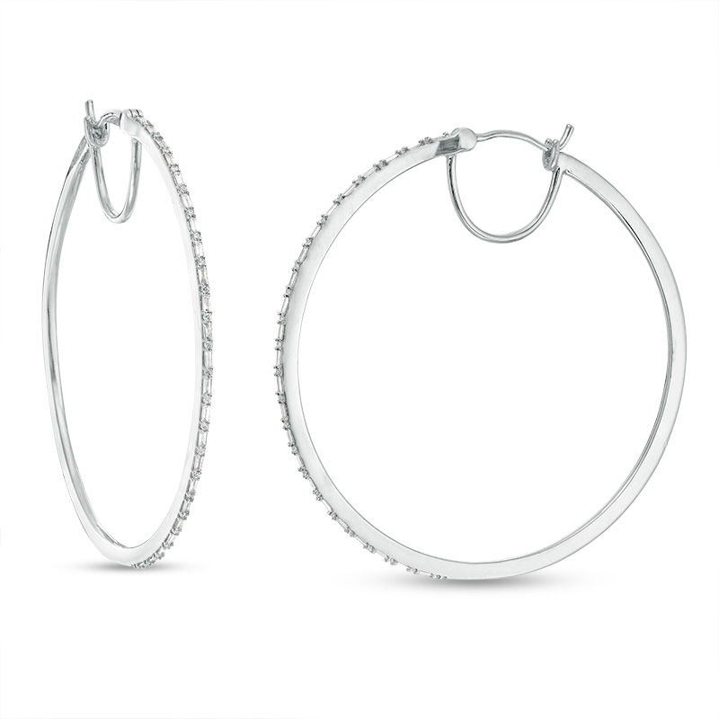 Main Image 1 of 1/2 CT. T.W. Baguette and Round Diamond Alternating Hoop Earrings in 10K White Gold