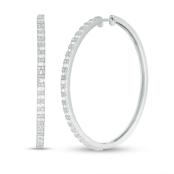 1 CT. T.w. Baguette and Round Diamond Alternating Double Row Hoop Earrings in 10K White Gold