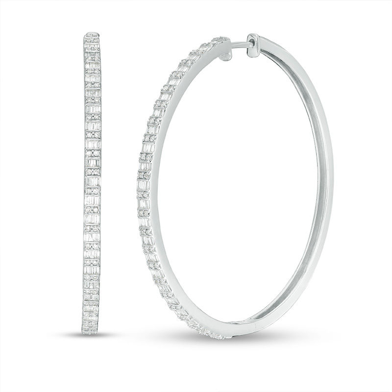 1 CT. T.W. Baguette and Round Diamond Alternating Double Row Hoop