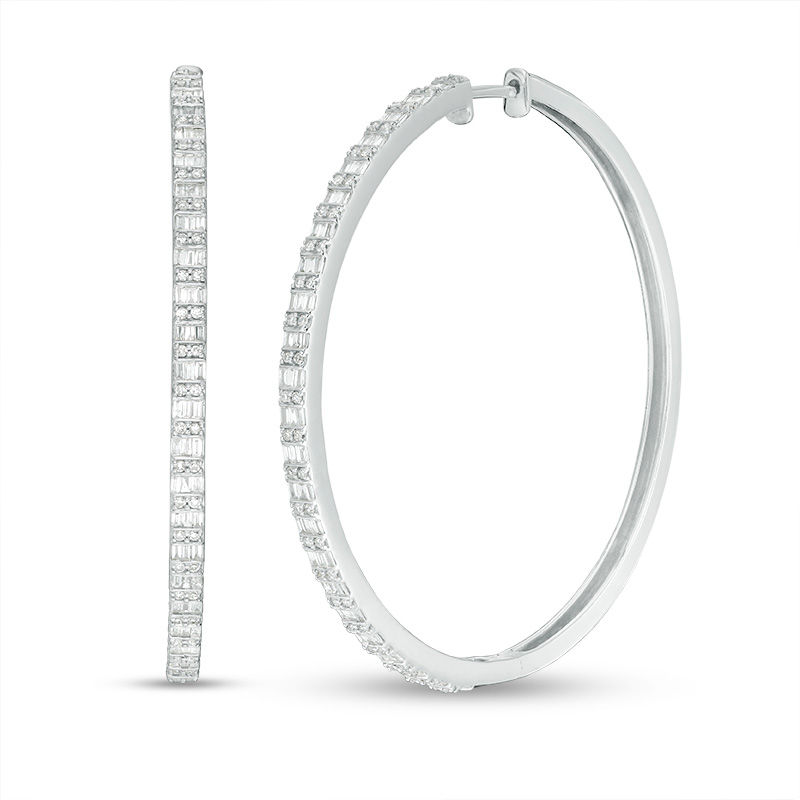 Main Image 1 of 1 CT. T.W. Baguette and Round Diamond Alternating Double Row Hoop Earrings in 10K White Gold