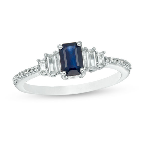 Emerald-Cut Lab-Created Blue and White Sapphire with 1/20 CT. T.w. Diamond Stepped Collar Ring in 10K White Gold
