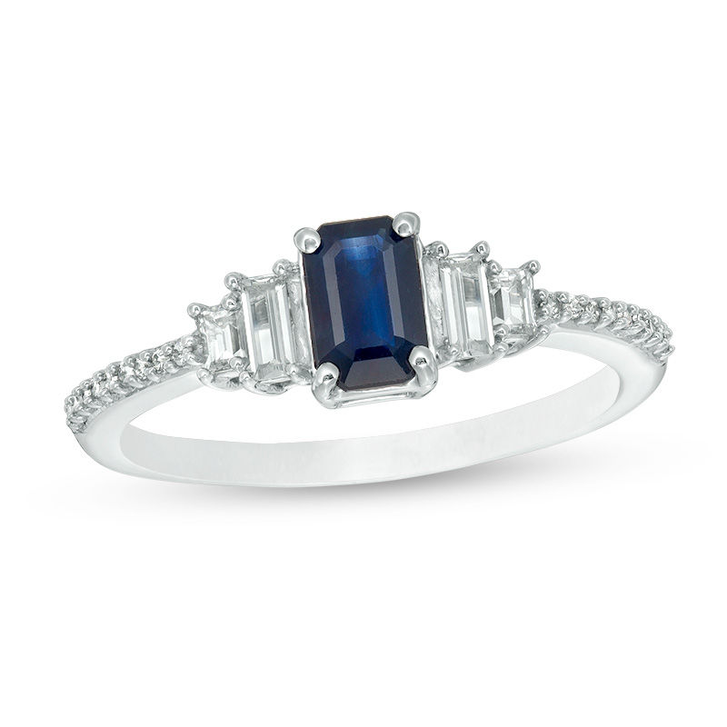 Main Image 1 of Emerald-Cut Lab-Created Blue and White Sapphire with 1/20 CT. T.W. Diamond Stepped Collar Ring in 10K White Gold