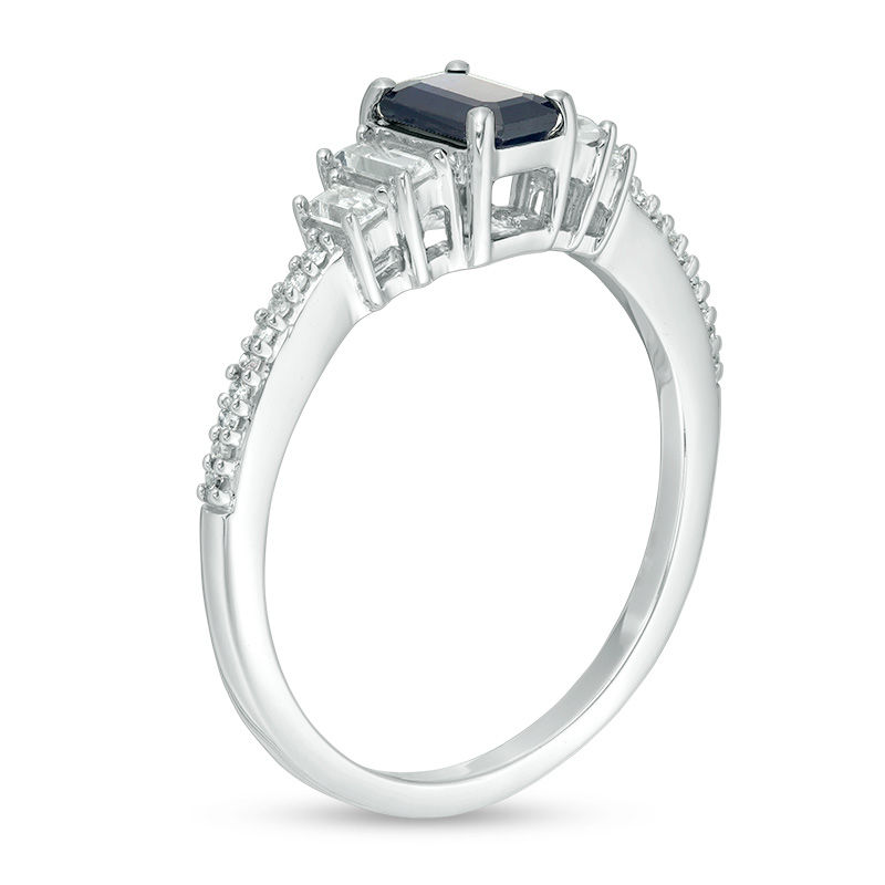 Main Image 2 of Emerald-Cut Lab-Created Blue and White Sapphire with 1/20 CT. T.W. Diamond Stepped Collar Ring in 10K White Gold