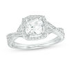 Thumbnail Image 0 of 6.0mm Cushion-Cut Lab-Created White Sapphire Frame Crossover Shank Ring in Sterling Silver