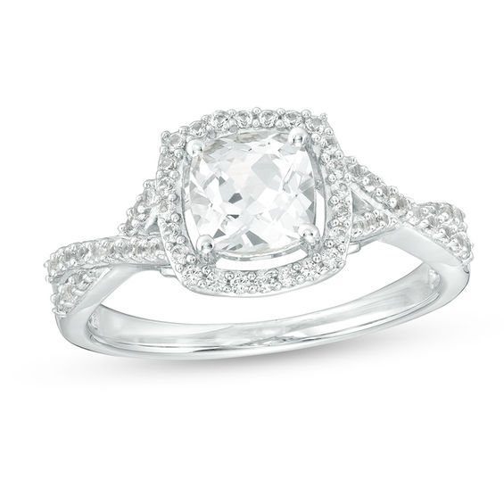 6.0mm Cushion-Cut Lab-Created White Sapphire Frame Crossover Shank Ring in Sterling Silver