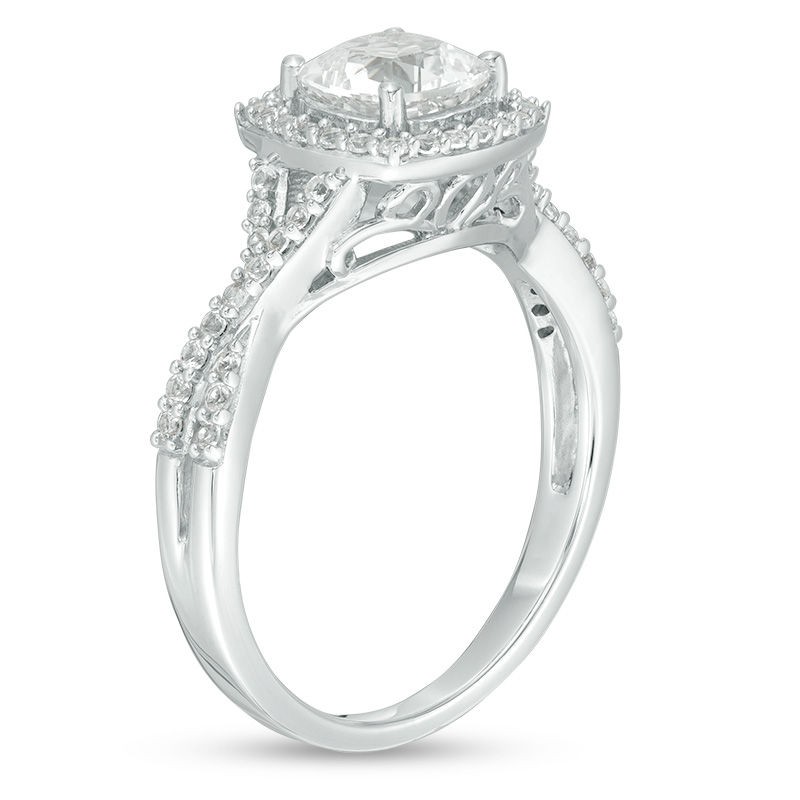 6.0mm Cushion-Cut Lab-Created White Sapphire Frame Crossover Shank Ring in Sterling Silver