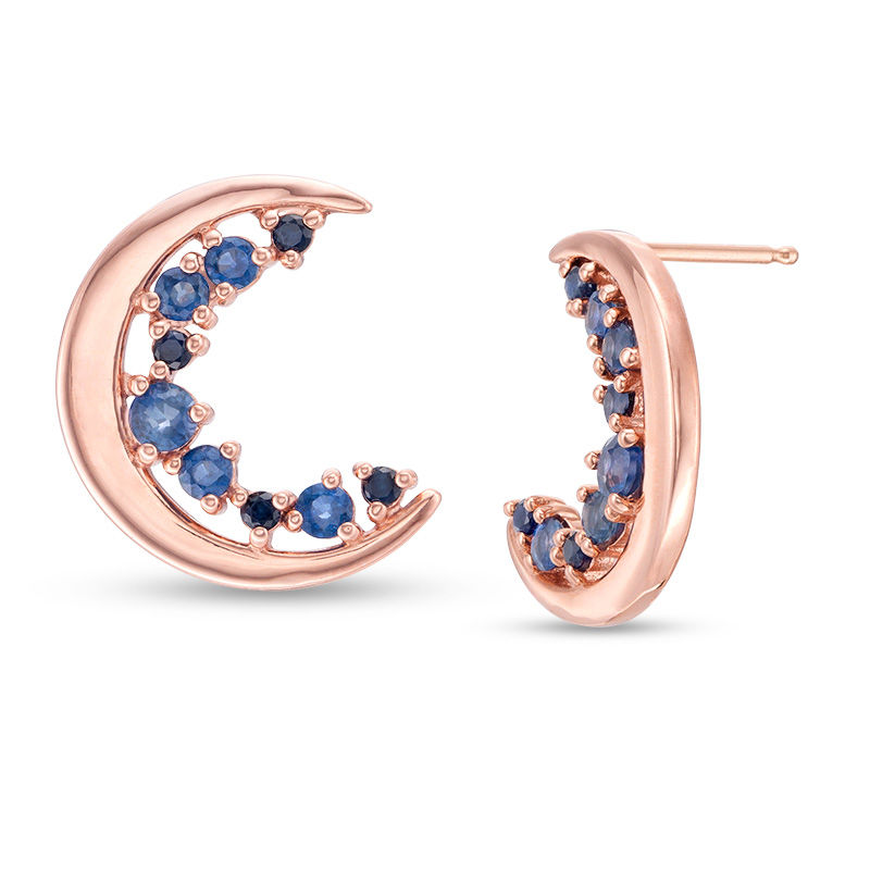 Blue Sapphire Crescent Moon Stud Earrings in 10K Rose Gold