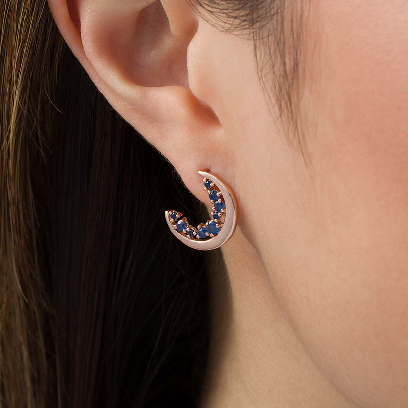 Blue Sapphire Crescent Moon Stud Earrings in 10K Rose Gold