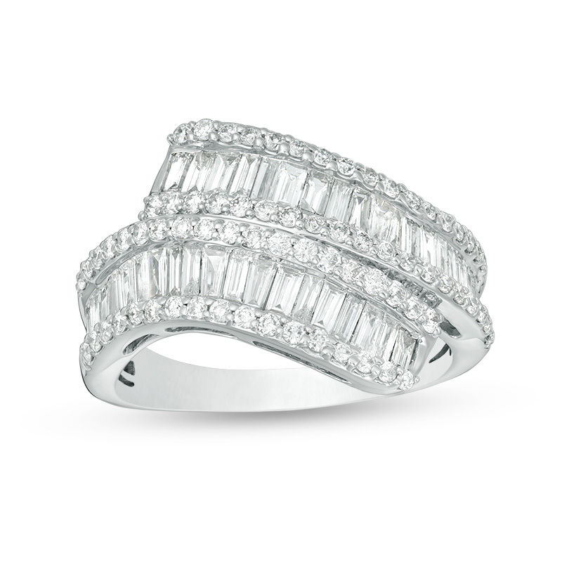 1-1/2 CT. T.W. Baguette and Round Diamond Multi-Row Bypass Ring in 14K White Gold