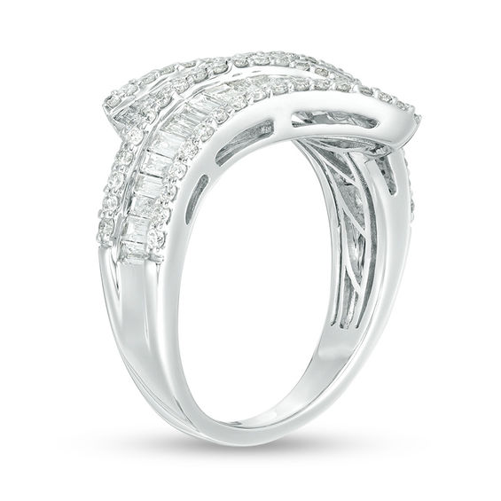 1-1/2 CT. T.w. Baguette and Round Diamond Multi-Row Bypass Ring in 14K White Gold