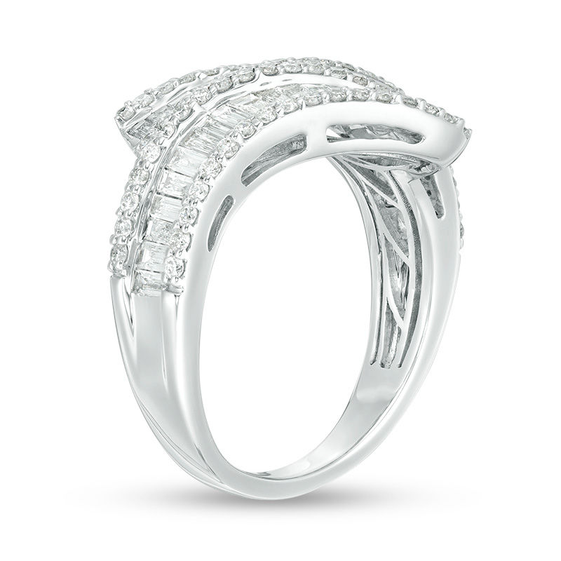 1-1/2 CT. T.W. Baguette and Round Diamond Multi-Row Bypass Ring in 14K White Gold