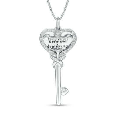 Diamond Heart Key Pendant Necklace | Sterling Silver | White | Size 18 | I Am Loved