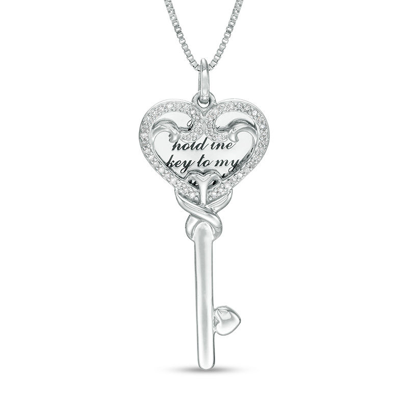 1/8 CT. T.W. Diamond Love Message Disc and Heart-Top Key Pendant in Sterling Silver