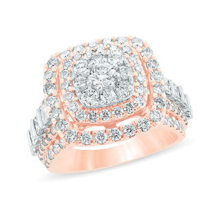 3 CT. T.W. Diamond Triple Cushion Frame Multi-Row Engagement Ring in 10K Rose Gold