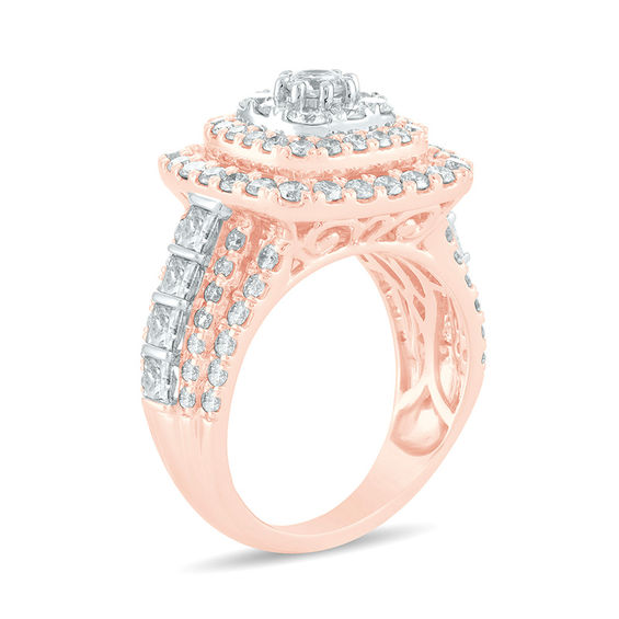 3 CT. T.w. Diamond Triple Cushion Frame Multi-Row Engagement Ring in 10K Rose Gold
