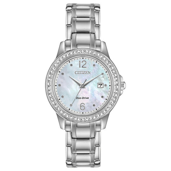 Ladies' Citizen Eco-DriveÂ® Crystal Accent Watch with Mother-of-Pearl Dial (Model: Fe1170-51N)
