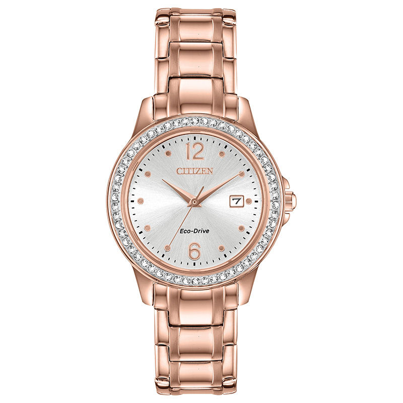 Main Image 1 of Ladies' Citizen Eco-Drive® Crystal Accent Rose-Tone Watch with Silver-Tone Dial (Model: FE1173-52B)