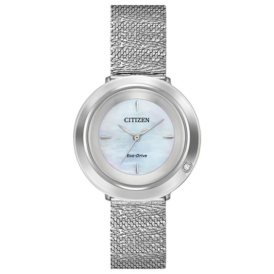Ladies' Citizen Eco-DriveÂ® L Ambiluna Diamond Accent Mesh Watch with Mother-of-Pearl Dial (Model: Em0640-58D)