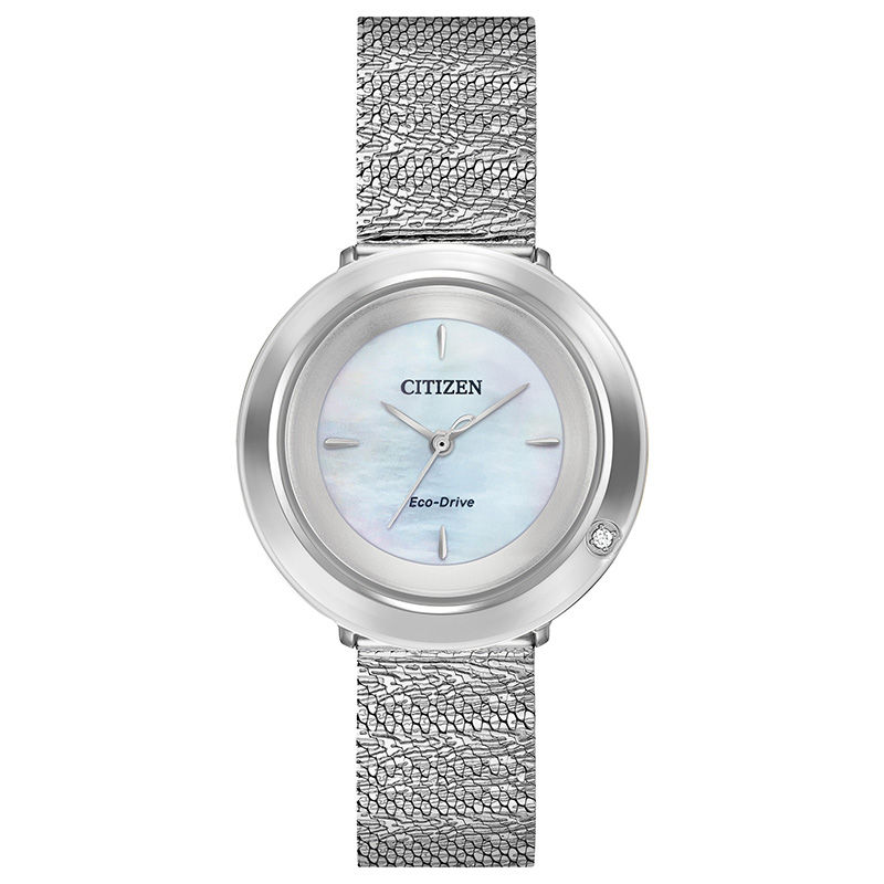 Ladies' Citizen Eco-Drive® L Ambiluna Diamond Accent Mesh Watch with Mother-of-Pearl Dial (Model: EM0640-58D)