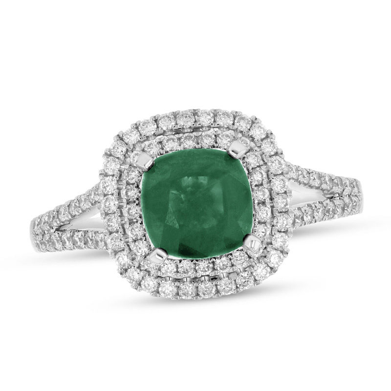 6.0mm Cushion-Cut Emerald and 3/8 CT. T.W. Diamond Double Frame Split Shank Engagement Ring in 14K White Gold