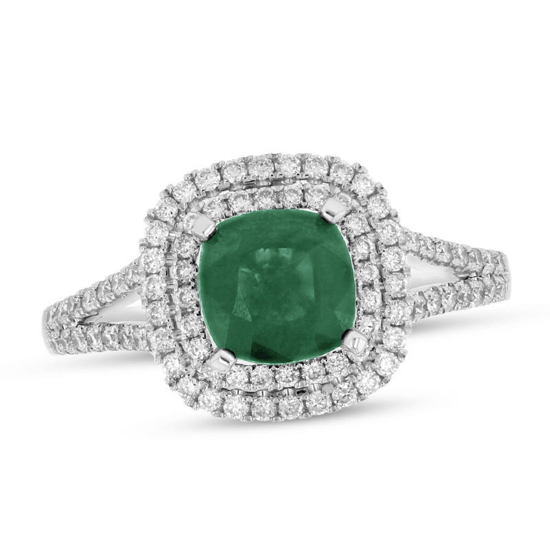Main Image 1 of 6.0mm Cushion-Cut Emerald and 3/8 CT. T.W. Diamond Double Frame Split Shank Engagement Ring in 14K White Gold