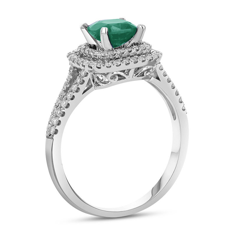 Main Image 2 of 6.0mm Cushion-Cut Emerald and 3/8 CT. T.W. Diamond Double Frame Split Shank Engagement Ring in 14K White Gold