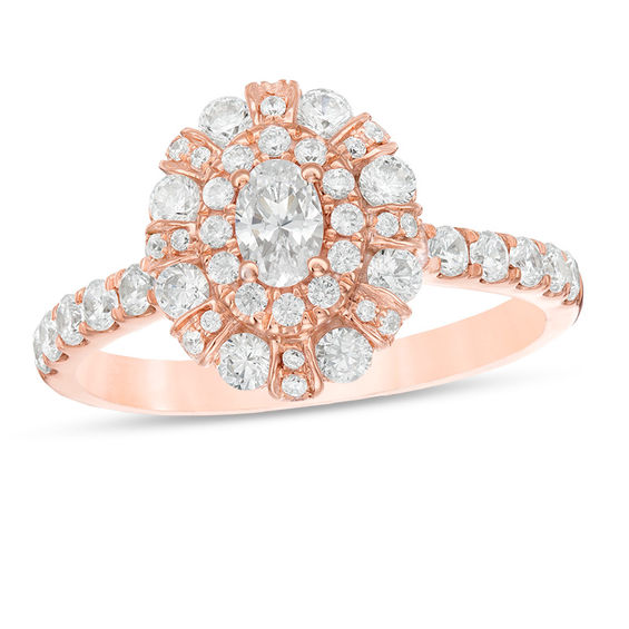 1 CT. T.w. Oval Diamond Double Frame Art Deco Engagement Ring in 14K Rose Gold
