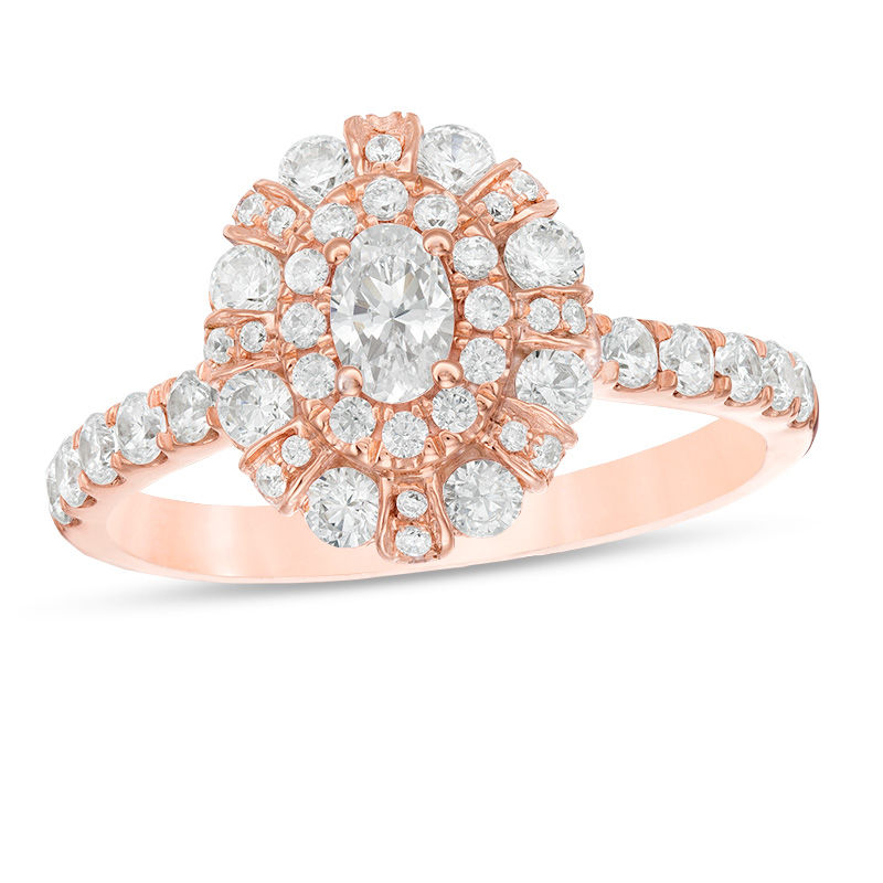 1 CT. T.W. Oval Diamond Double Frame Art Deco Engagement Ring in 14K Rose Gold