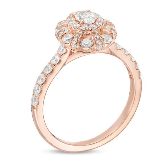1 CT. T.w. Oval Diamond Double Frame Art Deco Engagement Ring in 14K Rose Gold