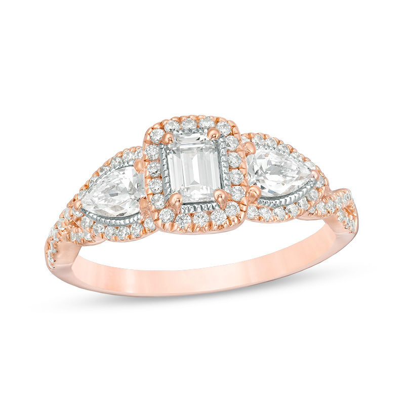 Main Image 1 of 1 CT. T.W. Certified Emerald-Cut Diamond Past Present Future® Frame Twist Engagement Ring in 14K Rose Gold (I/SI2)