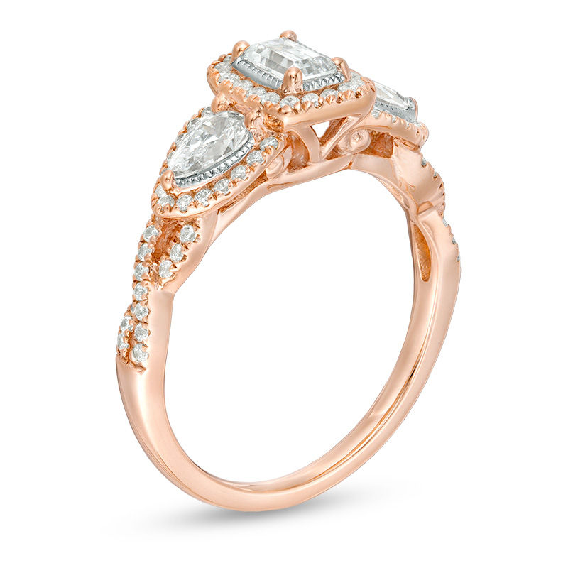 Main Image 3 of 1 CT. T.W. Certified Emerald-Cut Diamond Past Present Future® Frame Twist Engagement Ring in 14K Rose Gold (I/SI2)