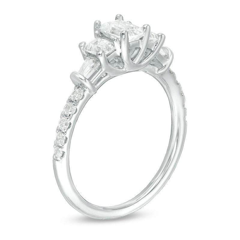 1-1/5 CT. T.W. Certified Emerald-Cut Diamond Past Present Future® Collar Engagement Ring in 14K White Gold (I/SI2)
