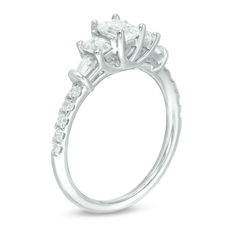 Main Image 3 of 1-1/5 CT. T.W. Certified Emerald-Cut Diamond Past Present Future® Collar Engagement Ring in 14K White Gold (I/SI2)