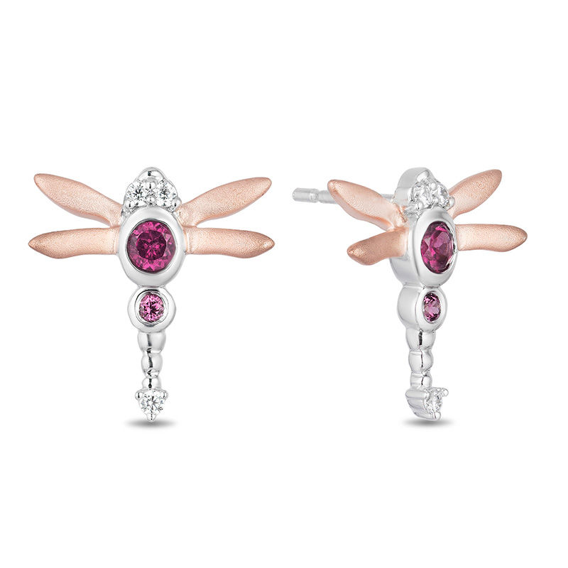 Main Image 1 of Enchanted Disney Mulan Rhodolite Garnet and 1/20 CT. T.W. Diamond Dragonfly Stud Earrings in 10K Two-Tone Gold