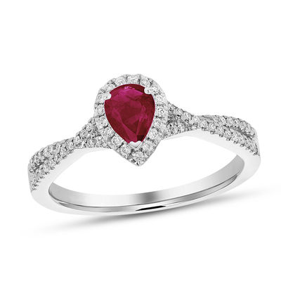 Pear-Shaped Ruby and 1/5 CT. T.W. Diamond Frame Crossover Engagement Ring  in 18K White Gold